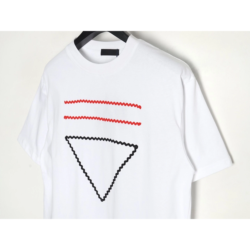 Prada wavy line triangle embroidered short-sleeved T-shirt,All order with free shipping Prada