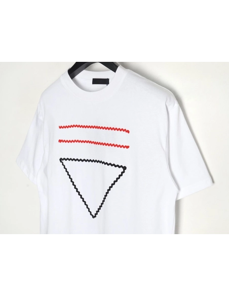 Prada wavy line triangle embroidered short-sleeved T-shirt,All order with free shipping Prada
