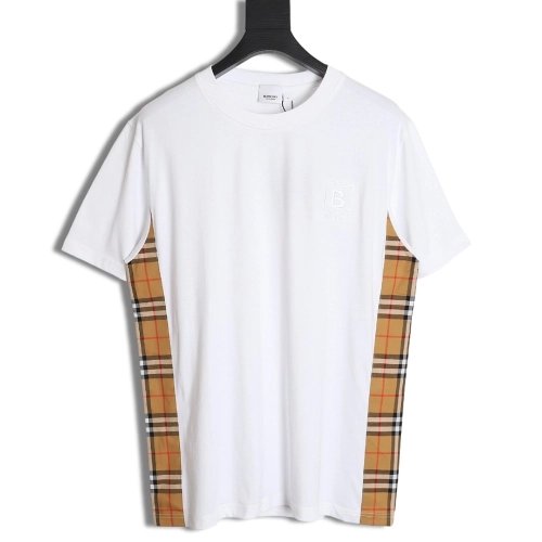 Burberry B logo embroidered plaid patchwork T-shirt,All order with free shipping Burberry