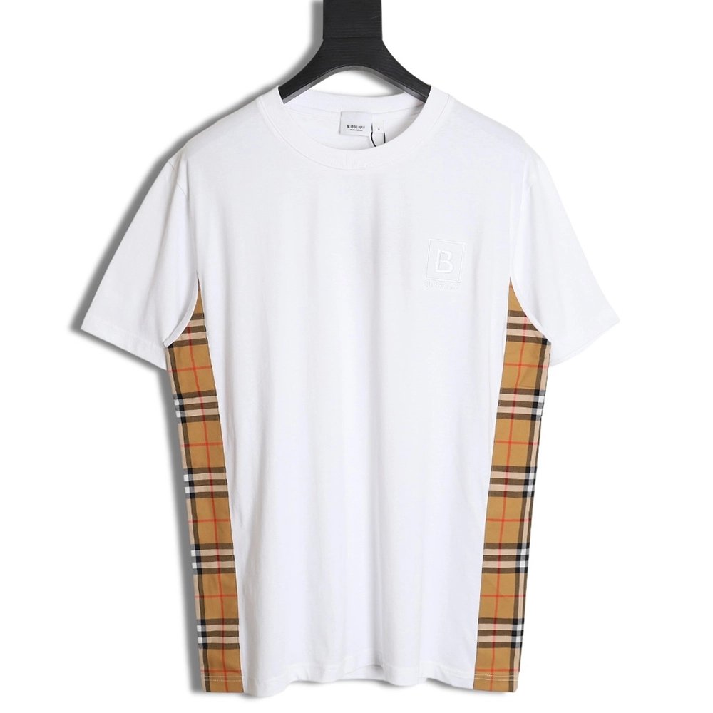 Burberry B logo embroidered plaid patchwork T-shirt,All order with free shipping Burberry