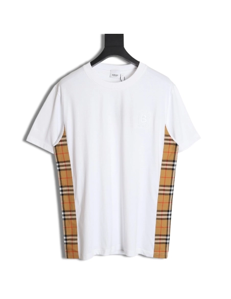 Burberry B logo embroidered plaid patchwork T-shirt,All order with free shipping Burberry