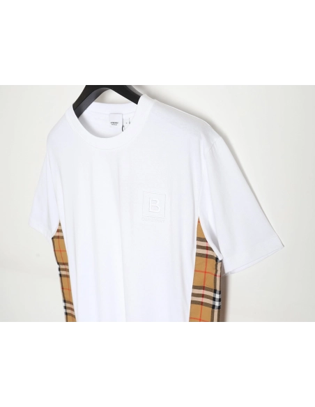 Burberry B logo embroidered plaid patchwork T-shirt,All order with free shipping Burberry