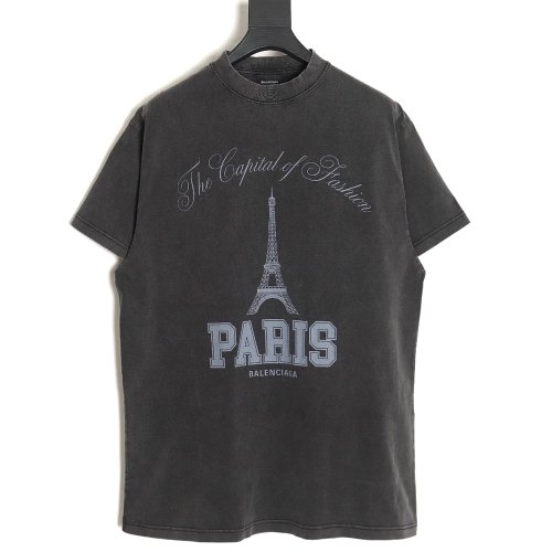Balenciaga washed-out Paris Tower lettering short-sleeved T-shirt,All order with free shipping Balenciaga