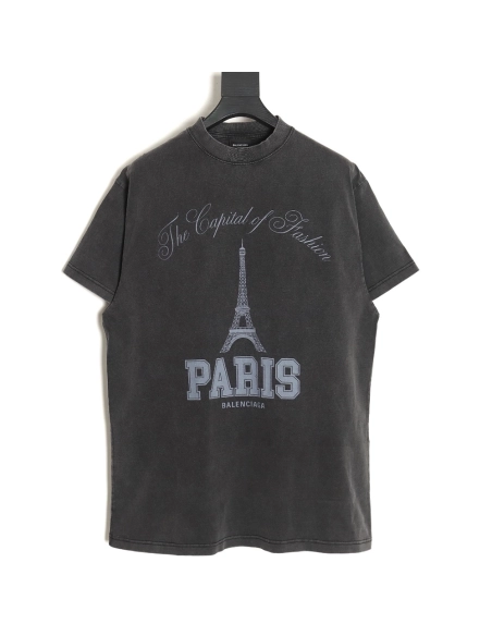Balenciaga washed-out Paris Tower lettering short-sleeved T-shirt,All order with free shipping Balenciaga