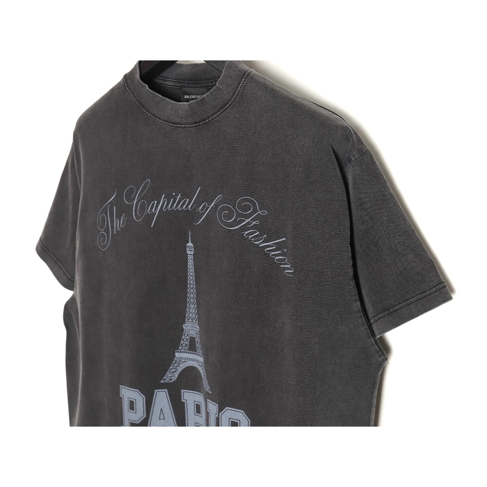 Balenciaga washed-out Paris Tower lettering short-sleeved T-shirt,All order with free shipping Balenciaga