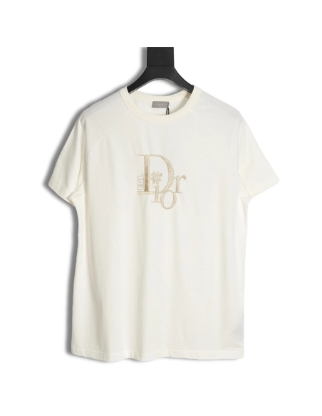 Dior CD gold and silver thread flower embroidery short-sleeved T-shirt,All order with free shipping Dior
