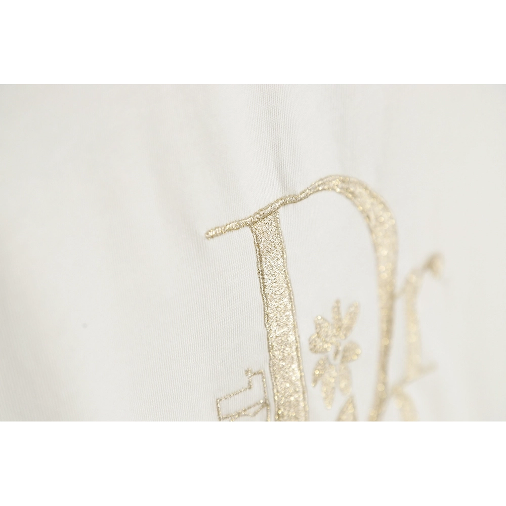 Dior CD gold and silver thread flower embroidery short-sleeved T-shirt,All order with free shipping Dior