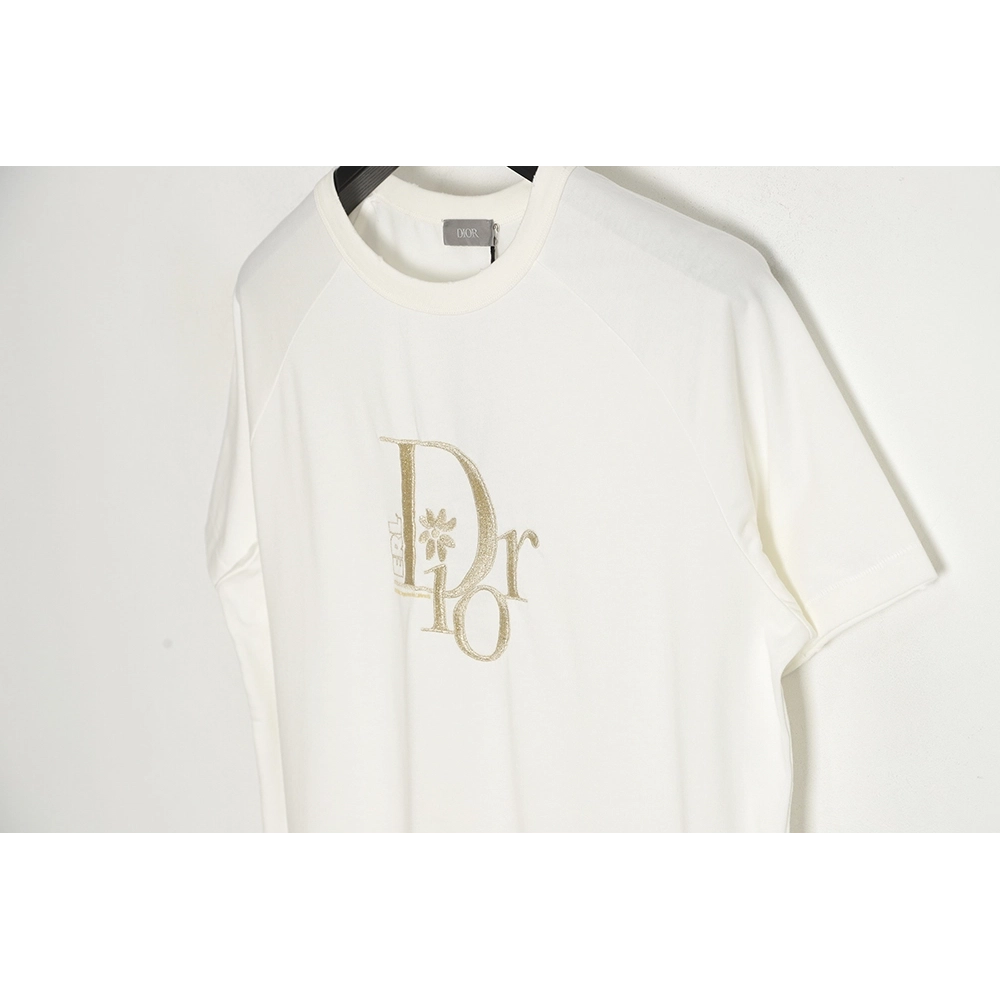 Dior CD gold and silver thread flower embroidery short-sleeved T-shirt,All order with free shipping Dior