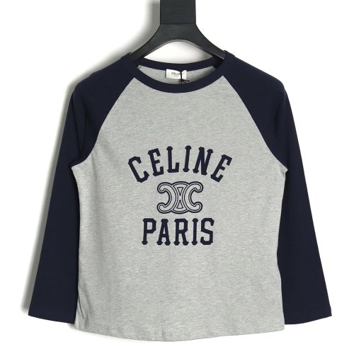 Celine flocked letter patchwork long-sleeved T-shirt TSK1,All order with free shipping Celine