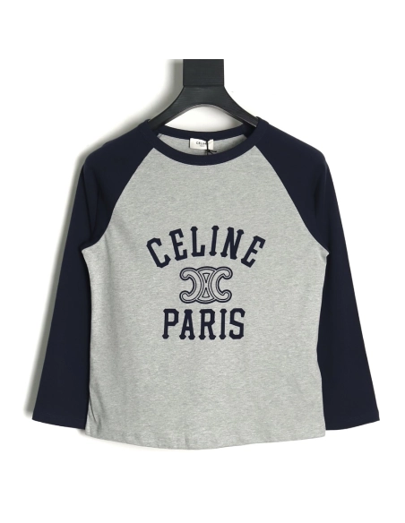 Celine flocked letter patchwork long-sleeved T-shirt TSK1,All order with free shipping Celine