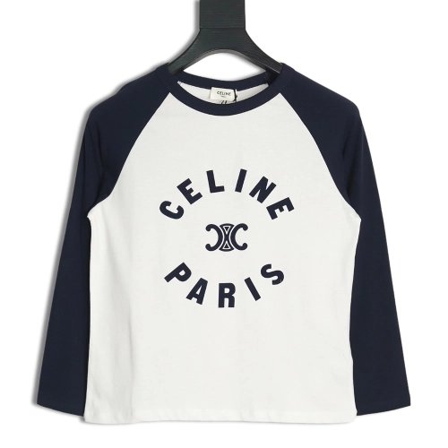 Celine flocked letter patchwork long-sleeved T-shirt,All order with free shipping Celine