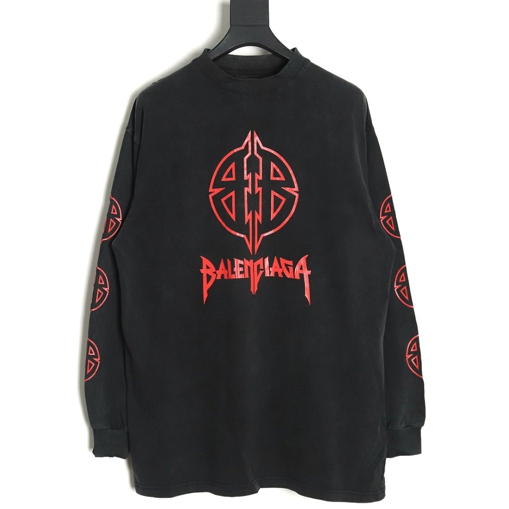 Balenciaga cracked double B washed black long-sleeved T-shirt,All order with free shipping Balenciaga