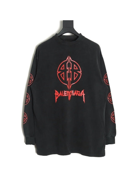 Balenciaga cracked double B washed black long-sleeved T-shirt,All order with free shipping Balenciaga