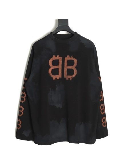 Balenciaga Double B washed hand-painted distressed Bitcoin long-sleeved T-shirt,All order with free shipping Balenciaga