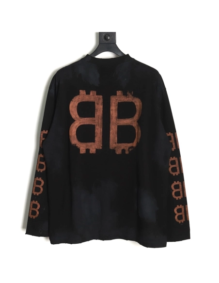 Balenciaga Double B washed hand-painted distressed Bitcoin long-sleeved T-shirt,All order with free shipping Balenciaga