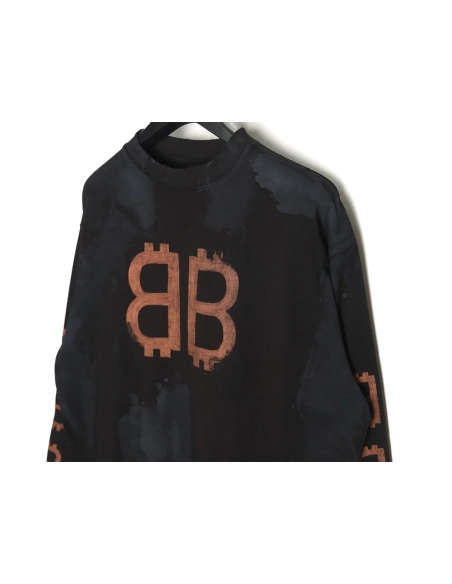 Balenciaga Double B washed hand-painted distressed Bitcoin long-sleeved T-shirt,All order with free shipping Balenciaga