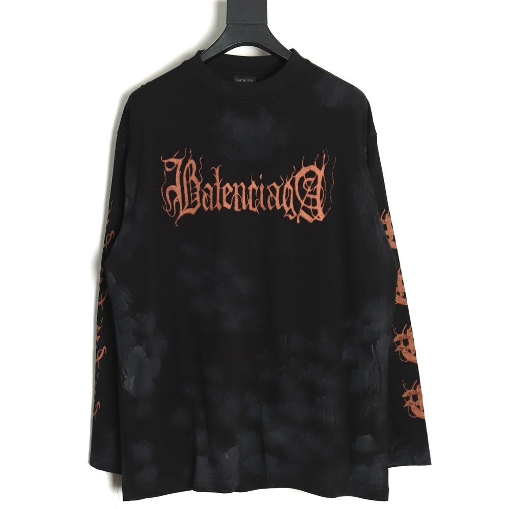 Balenciaga mud-dyed distressed metal Sanskrit long-sleeved T-shirt,All order with free shipping Balenciaga