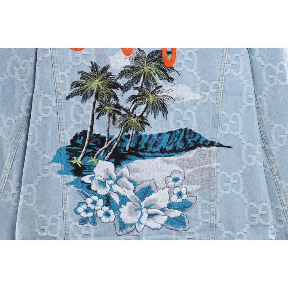 Gucci coconut palm embroidered denim jacket,Gucci Jacket,Jacket,APPAREL
