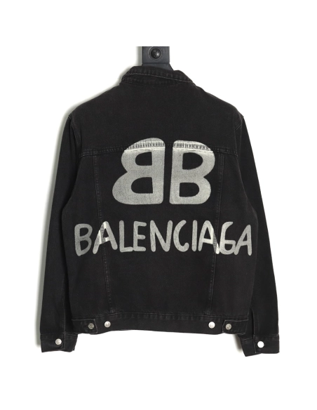 Balenciaga Double B graffiti white inksplashed denim jacket,Balenciaga Jacket,Jacket,APPAREL