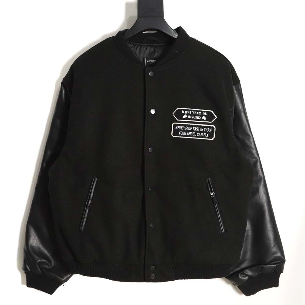 Representative Black 5 Limited Bulldog Embroidered Jacket High Street Leather Sleeves Spliced Baseball uniform,Represent Jacket,