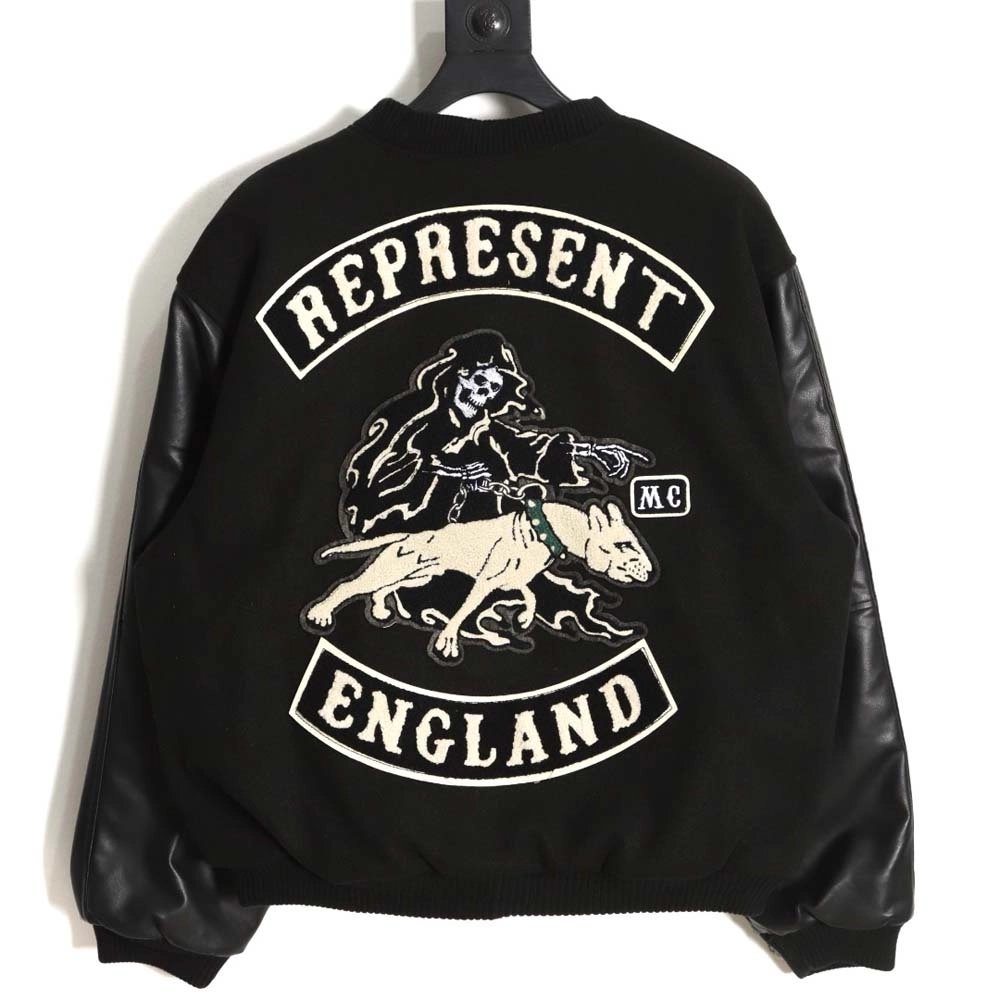 Representative Black 5 Limited Bulldog Embroidered Jacket High Street Leather Sleeves Spliced Baseball uniform,Represent Jacket,