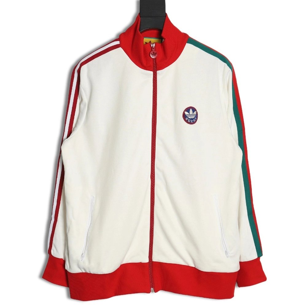 GUCCI ADIDAS joint white and red color matching ribbon zipper jacket,Gucci Jacket,Jacket,APPAREL