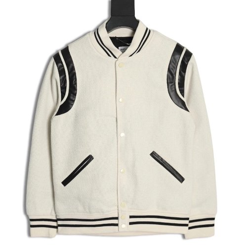 Saint Laurent Paris black and white leather baseball collar jacket,Saint Laurent Jacket,Jacket,APPAREL