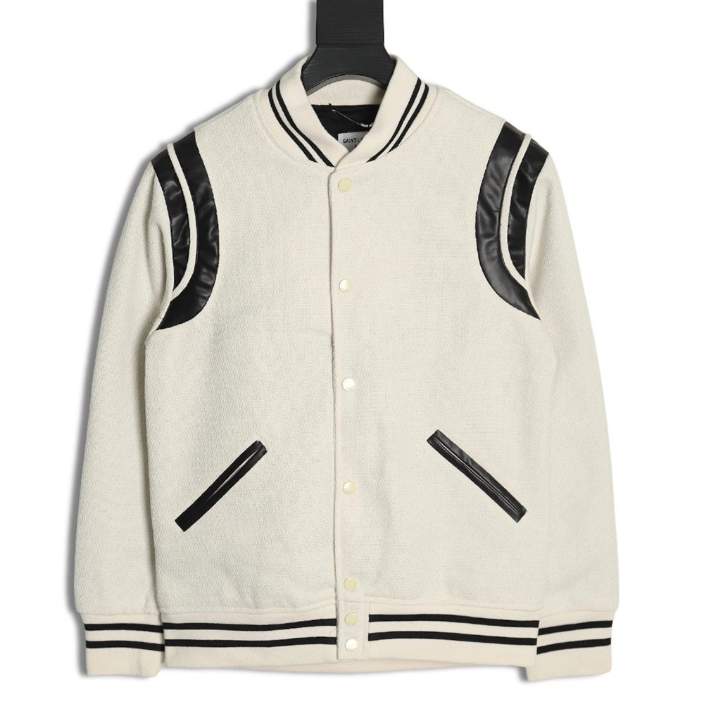 Saint Laurent Paris black and white leather baseball collar jacket,Saint Laurent Jacket,Jacket,APPAREL