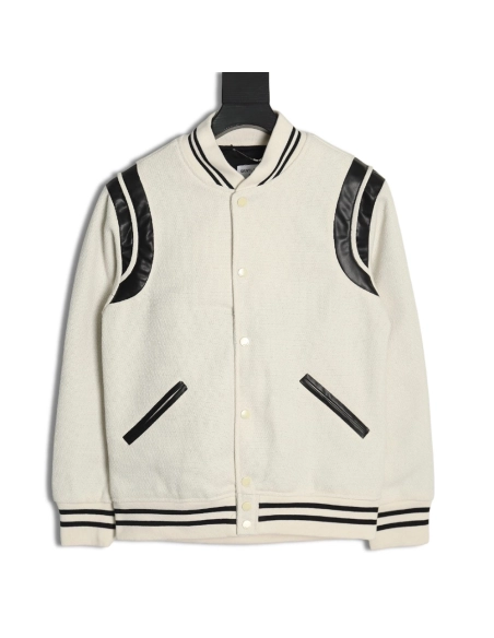 Saint Laurent Paris black and white leather baseball collar jacket,Saint Laurent Jacket,Jacket,APPAREL