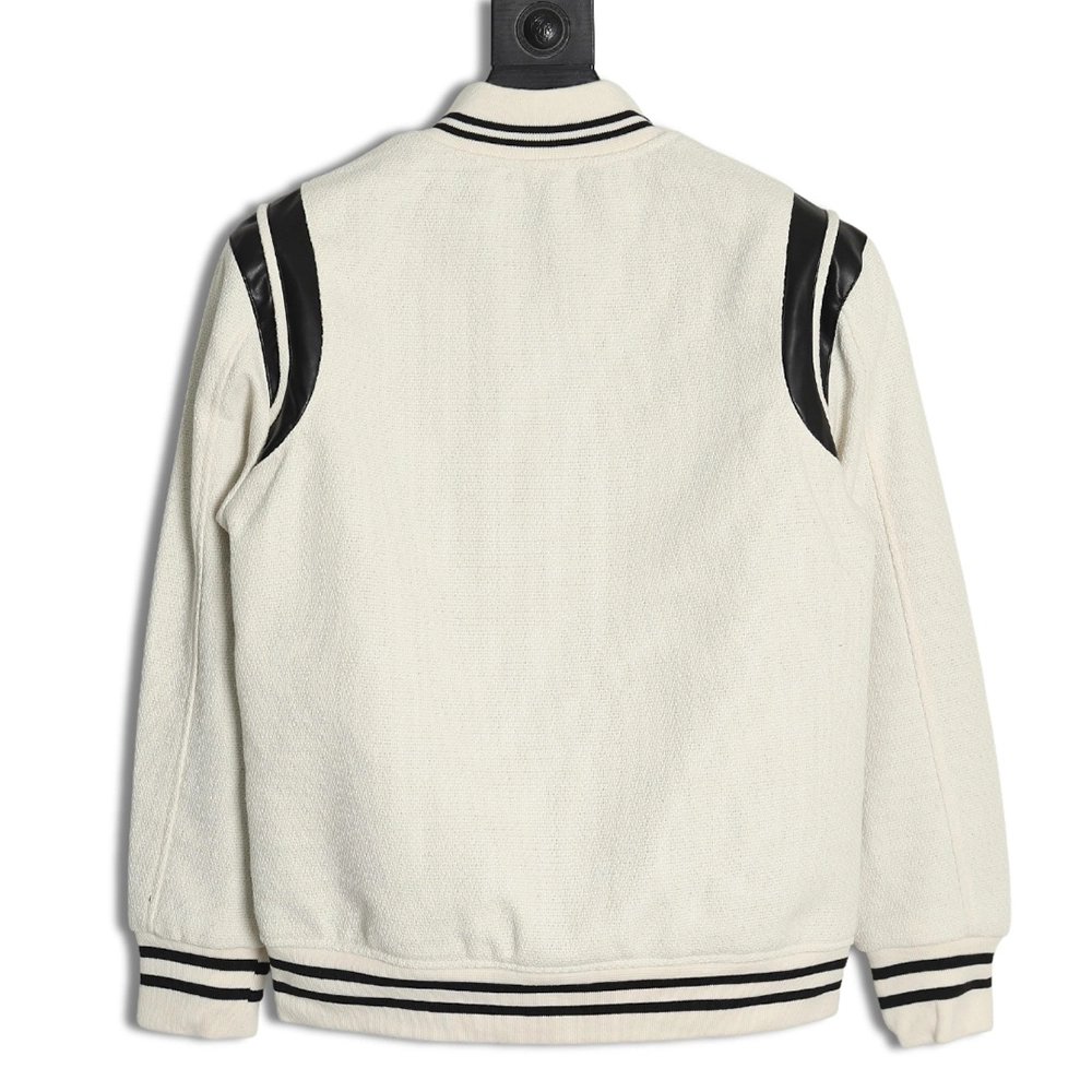 Saint Laurent Paris black and white leather baseball collar jacket,Saint Laurent Jacket,Jacket,APPAREL