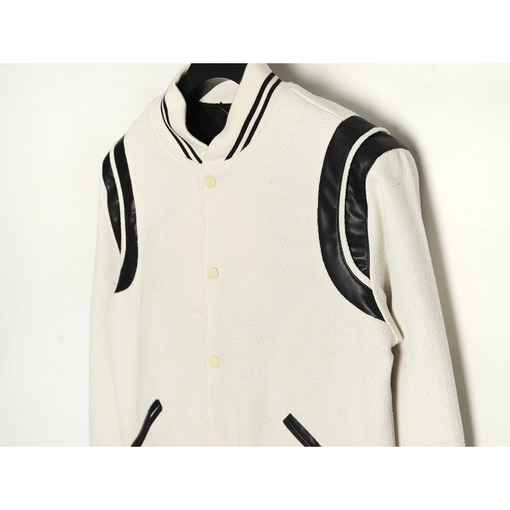 Saint Laurent Paris black and white leather baseball collar jacket,Saint Laurent Jacket,Jacket,APPAREL