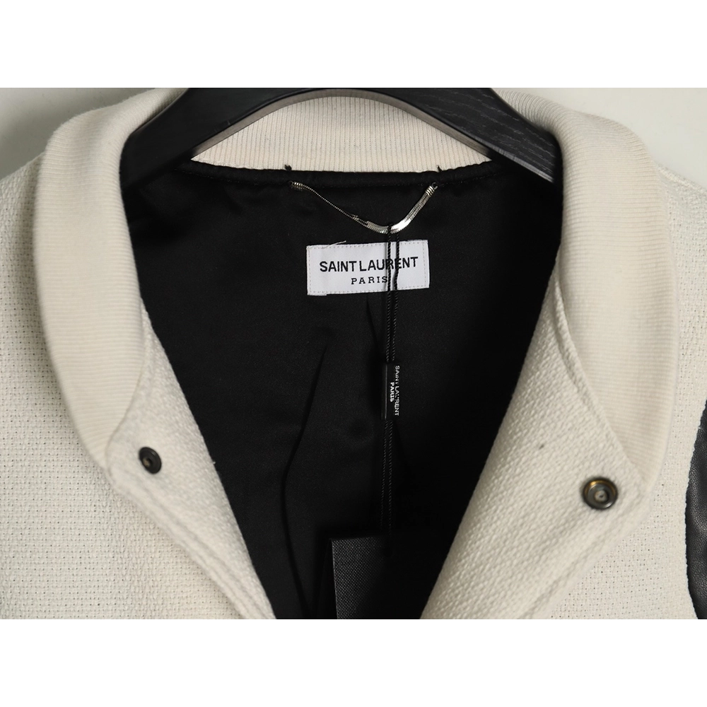 Saint Laurent Paris black and white leather baseball collar jacket,Saint Laurent Jacket,Jacket,APPAREL