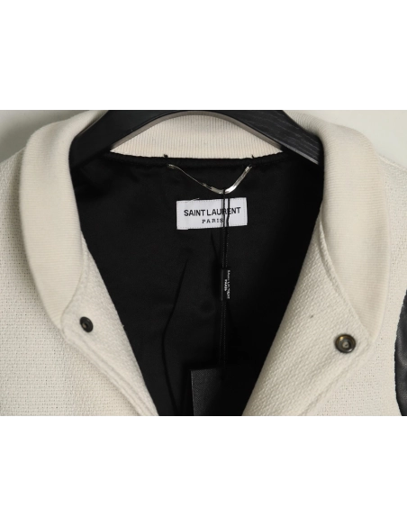 Saint Laurent Paris black and white leather baseball collar jacket,Saint Laurent Jacket,Jacket,APPAREL