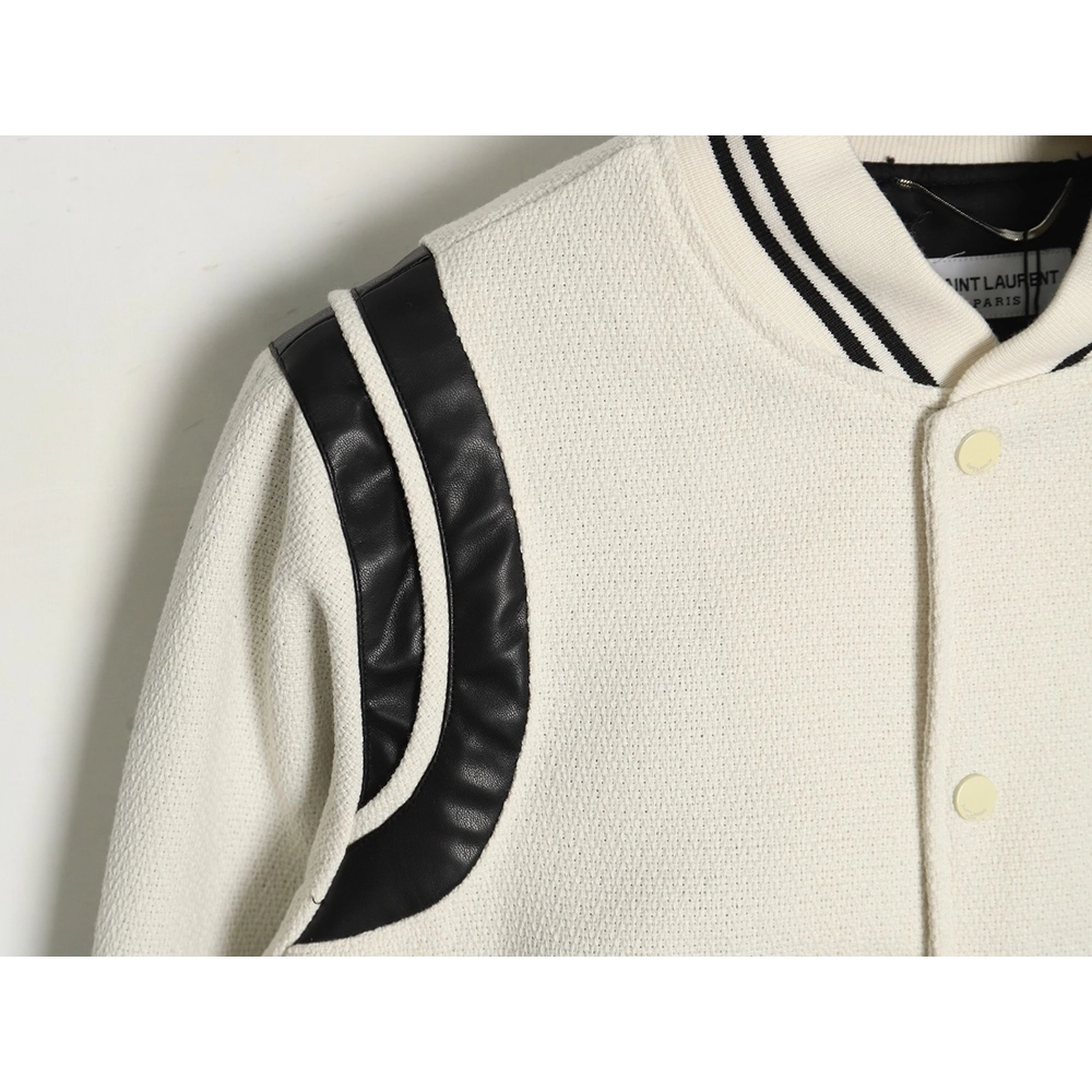 Saint Laurent Paris black and white leather baseball collar jacket,Saint Laurent Jacket,Jacket,APPAREL