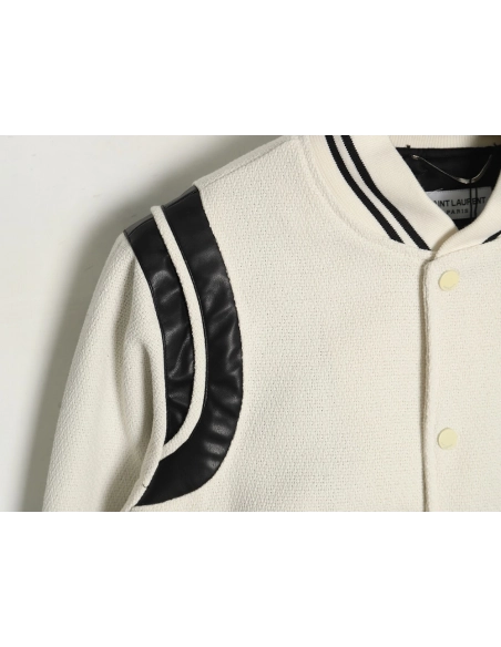 Saint Laurent Paris black and white leather baseball collar jacket,Saint Laurent Jacket,Jacket,APPAREL