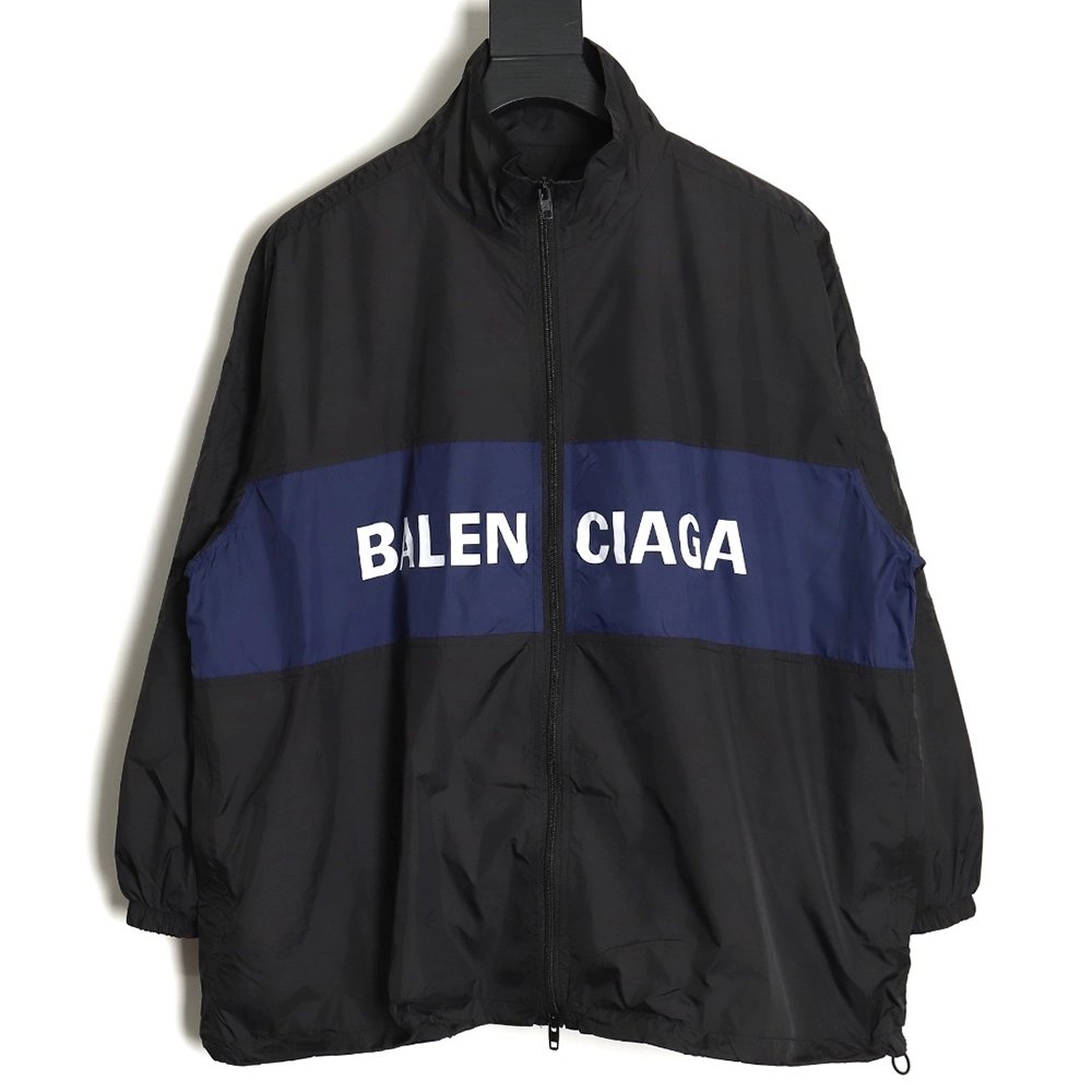 Balenciaga 24SS 57 black and blue stitching slogan jacket,Balenciaga Jacket,Jacket,APPAREL