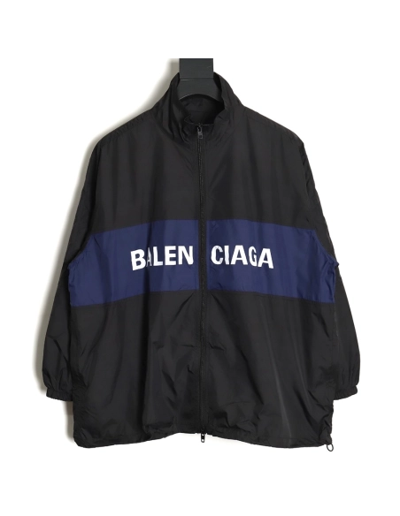 Balenciaga 24SS 57 black and blue stitching slogan jacket,Balenciaga Jacket,Jacket,APPAREL