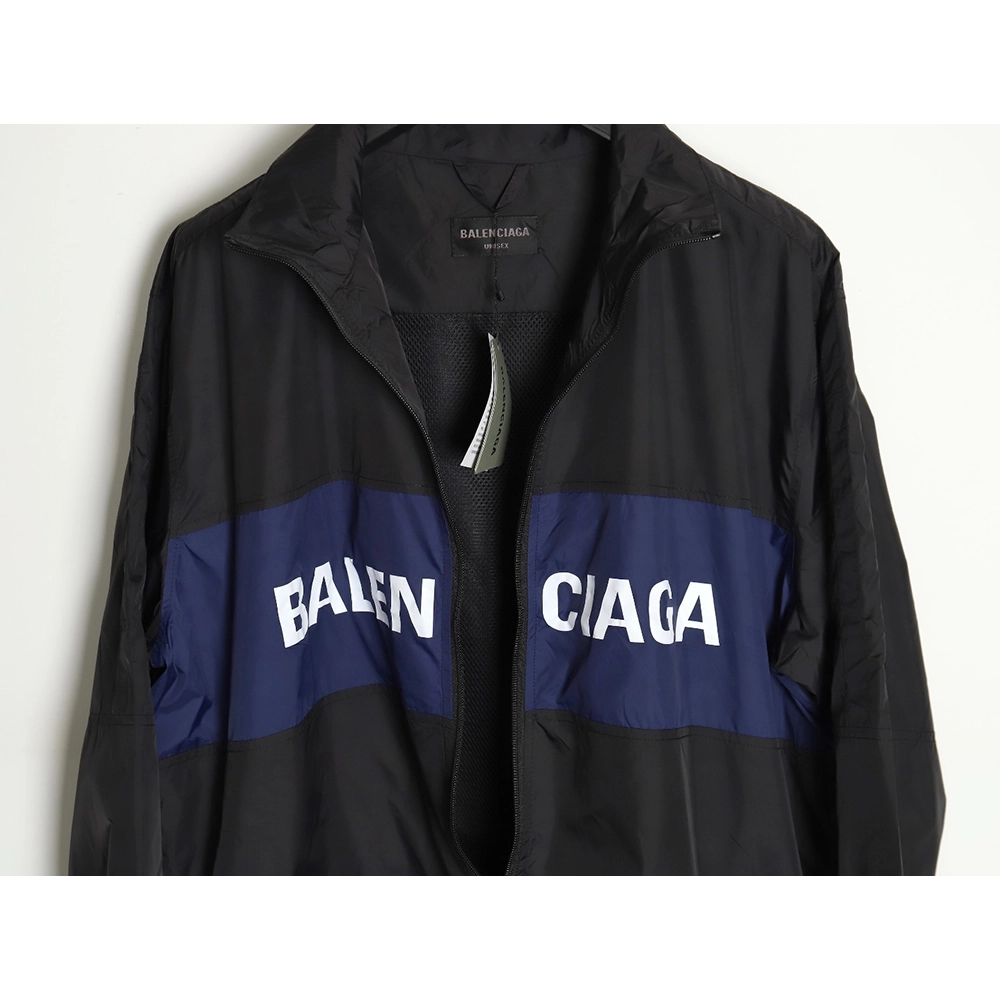 Balenciaga 24SS 57 black and blue stitching slogan jacket,Balenciaga Jacket,Jacket,APPAREL