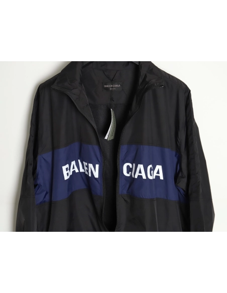 Balenciaga 24SS 57 black and blue stitching slogan jacket,Balenciaga Jacket,Jacket,APPAREL