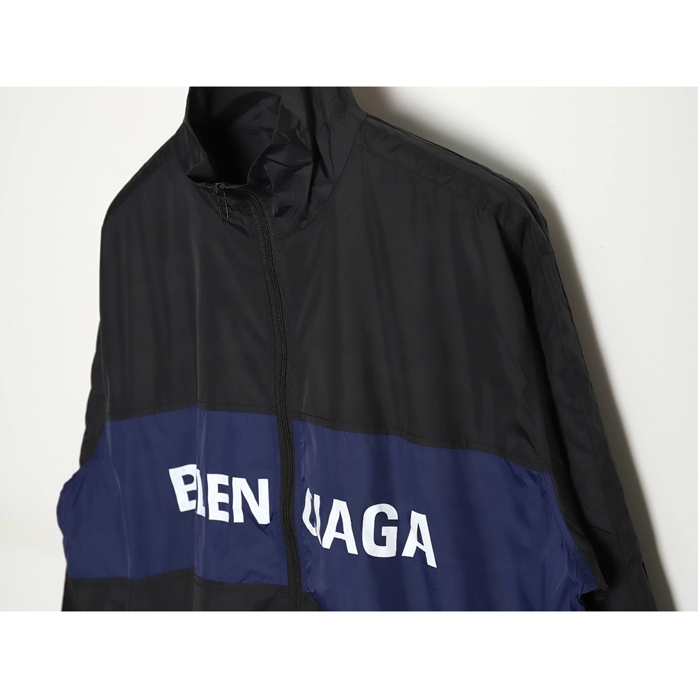 Balenciaga 24SS 57 black and blue stitching slogan jacket,Balenciaga Jacket,Jacket,APPAREL