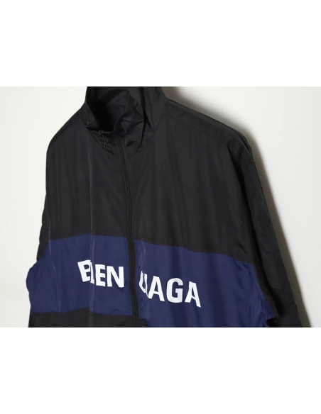Balenciaga 24SS 57 black and blue stitching slogan jacket,Balenciaga Jacket,Jacket,APPAREL