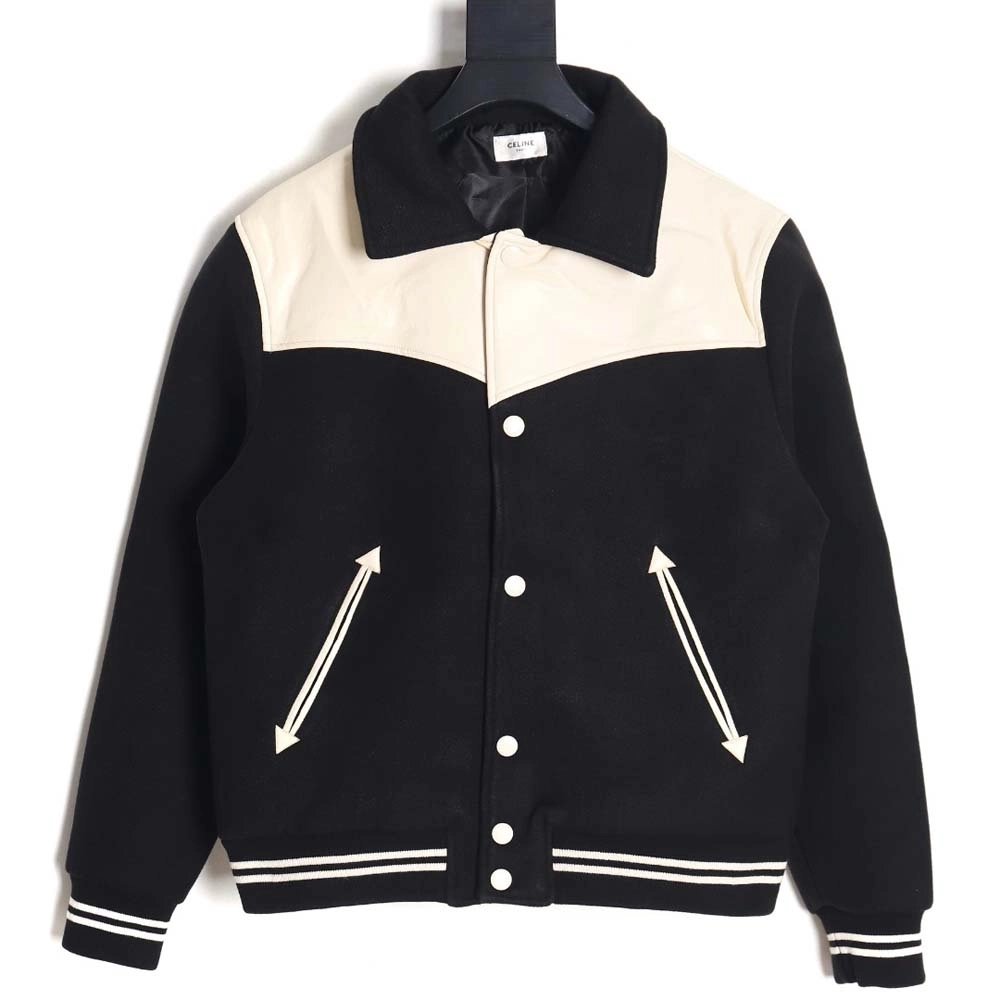 CELINE Celine\CELINE Celine Wool Spliced Leather Shoulder Baseball Jacket Baseball Jacket_CM_1,Celine Jacket,Jacket,APPAREL