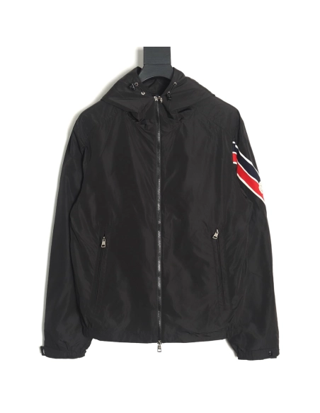 Moncler Tricolor Trim Sleeve Striped Hooded Jacket TSK1,Moncler Jacket,Jacket,APPAREL