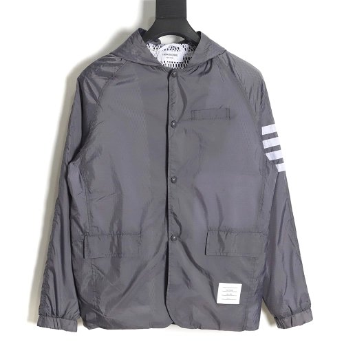 Thom Browne Hooded Four Bar Mesh Windbreaker Jacket,Thom Browne Jacket,Jacket,APPAREL