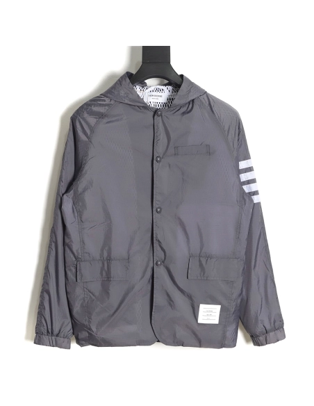 Thom Browne Hooded Four Bar Mesh Windbreaker Jacket,Thom Browne Jacket,Jacket,APPAREL