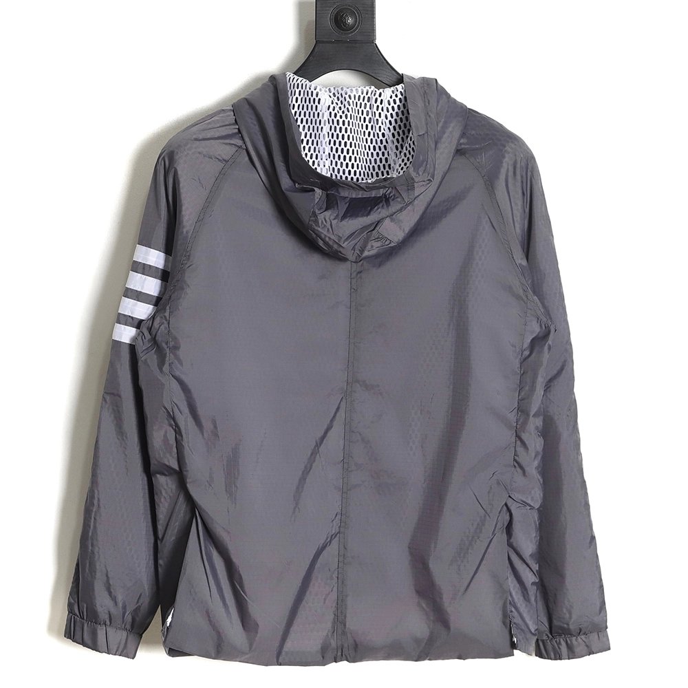 Thom Browne Hooded Four Bar Mesh Windbreaker Jacket,Thom Browne Jacket,Jacket,APPAREL