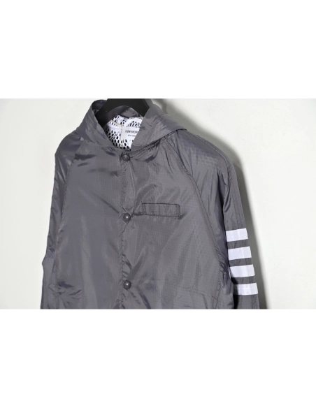 Thom Browne Hooded Four Bar Mesh Windbreaker Jacket,Thom Browne Jacket,Jacket,APPAREL