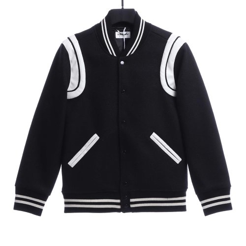 Saint Laurent Paris slp classic leather black and white baseball collar jacket,Saint Laurent Jacket,Jacket,APPAREL