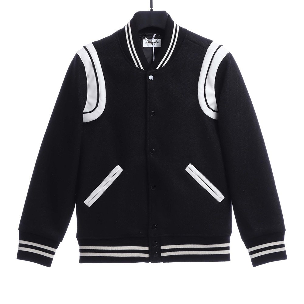 Saint Laurent Paris slp classic leather black and white baseball collar jacket,Saint Laurent Jacket,Jacket,APPAREL