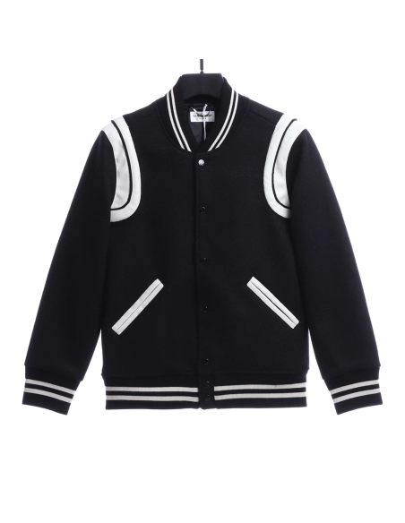 Saint Laurent Paris slp classic leather black and white baseball collar jacket,Saint Laurent Jacket,Jacket,APPAREL